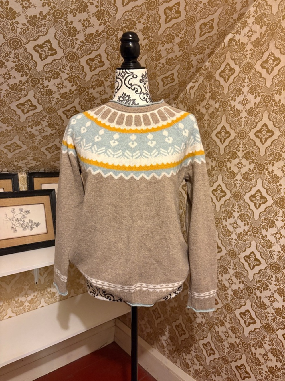 Kew London Merino Wool Sweater Fair Isle Button Back Cozy Knit